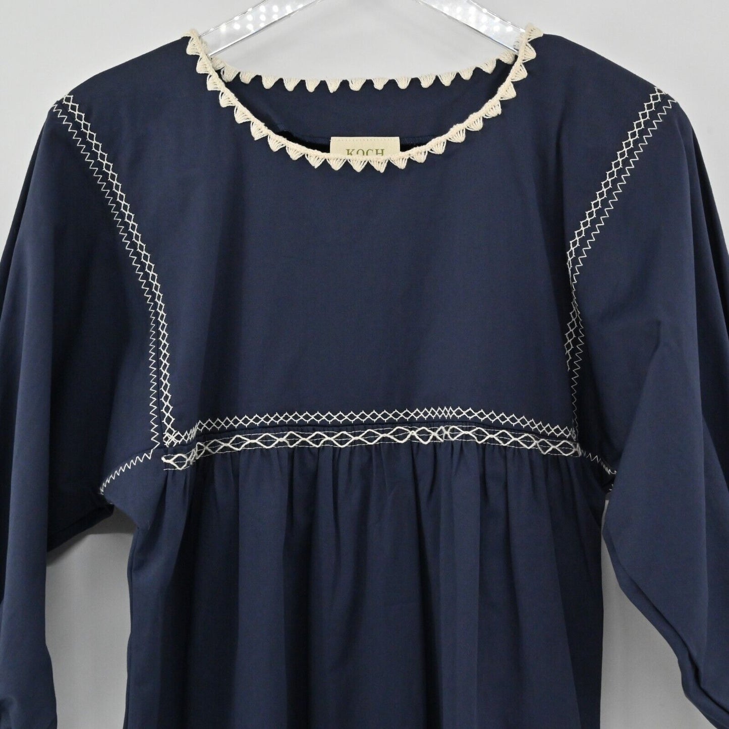 KOCH Dress Sz S Embroidered Trim Navy Long Sleeve Cotton Poplin Cottagecore Boho