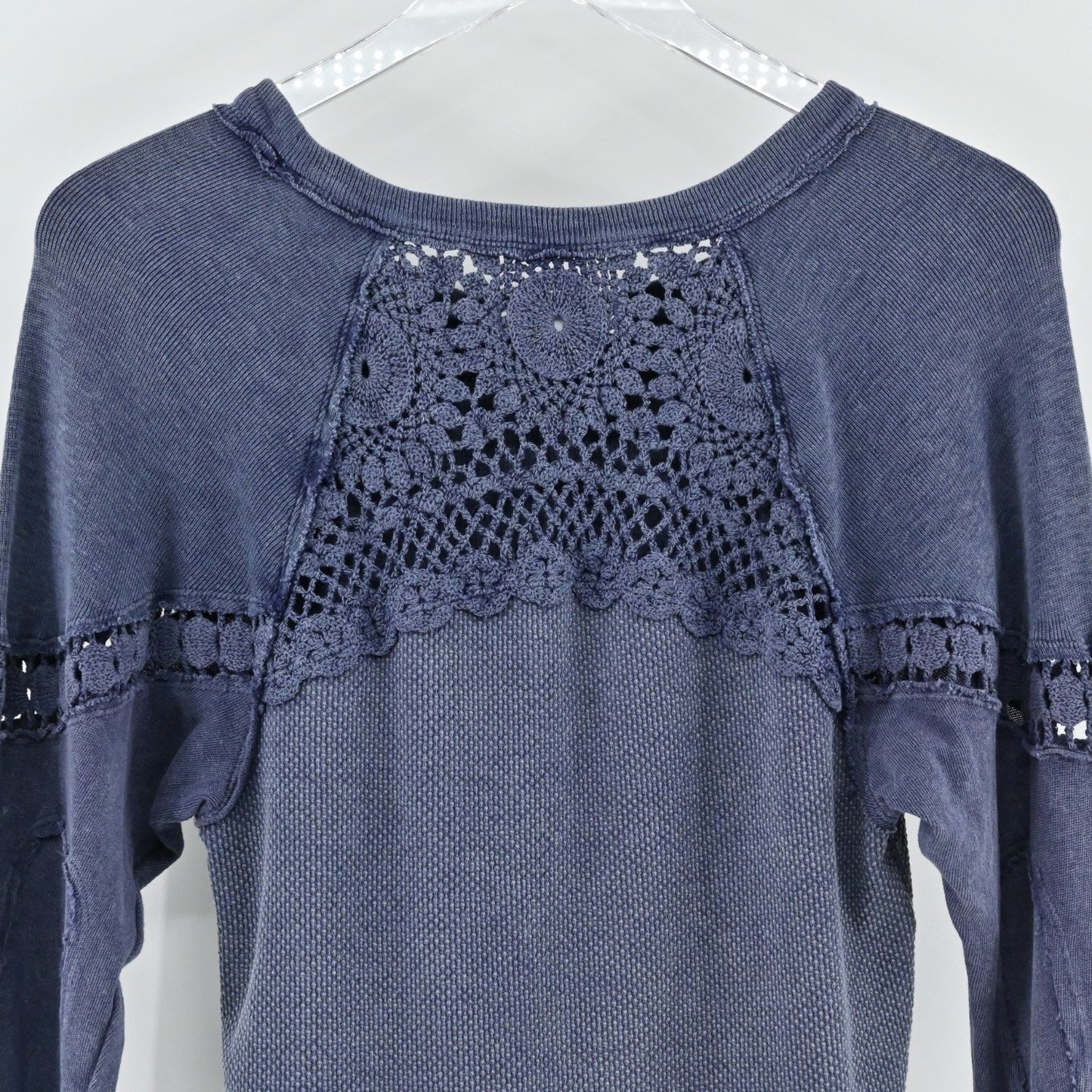 Free People Luella Tee Shirt Thermal Top Size XS Crochet Inset Quarry Blue Boho
