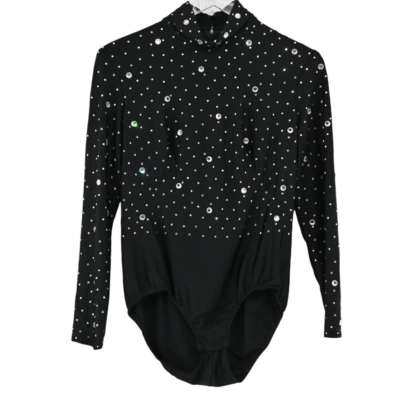 VINTAGE Bodysuit Womens Size 8 Black Rhinestone Mock Neck Long Sleeve Dance Glam