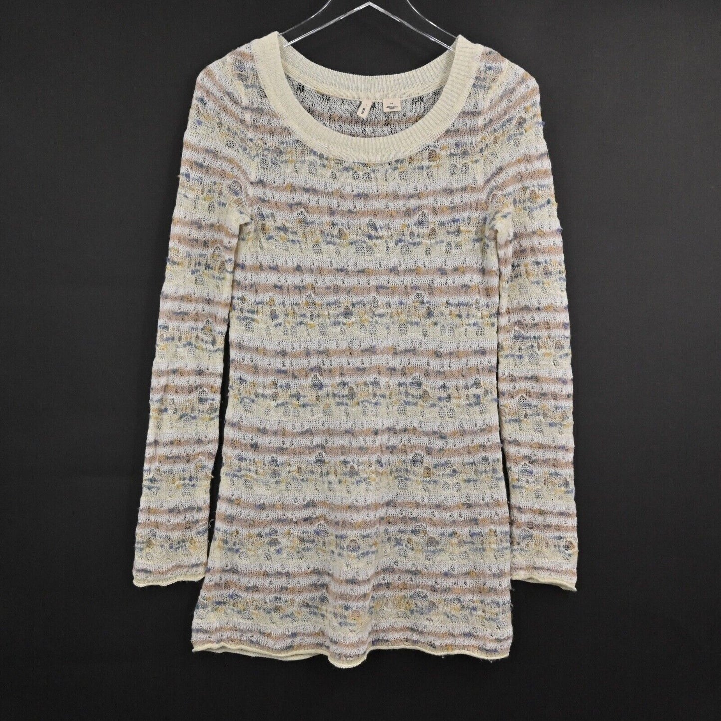 ANTHROPOLOGIE Sweater Womens Size S Cream Stripe Linen Open Knit Scoop Neck MOTH