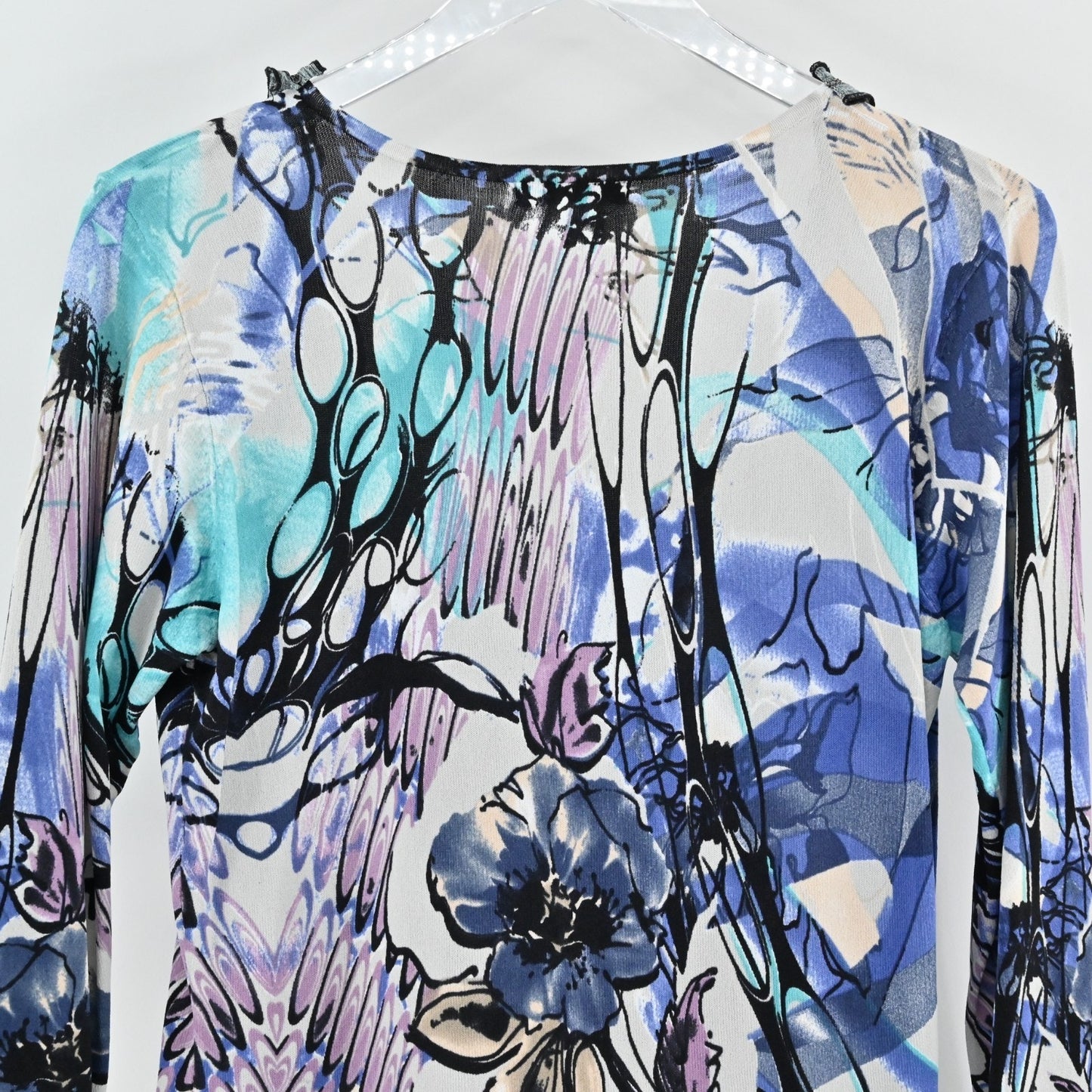 Alberto Makali Womens Ruffle Sequin Sweater Size L Blue Floral Art To Wear Bold