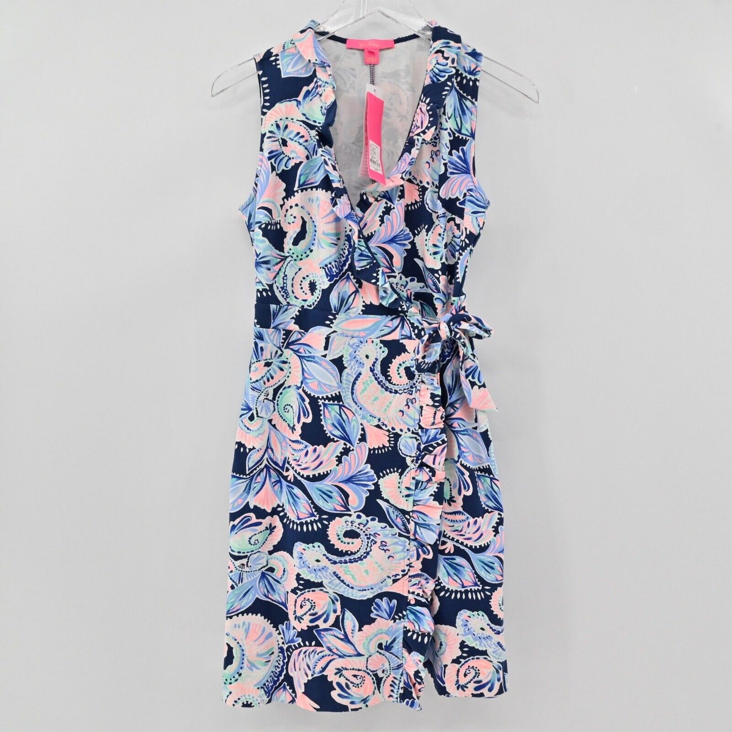 LILLY PULITZER Dress Womens Size XS Romee Wrap Blue Holy Flockamolie Ruffle NEW