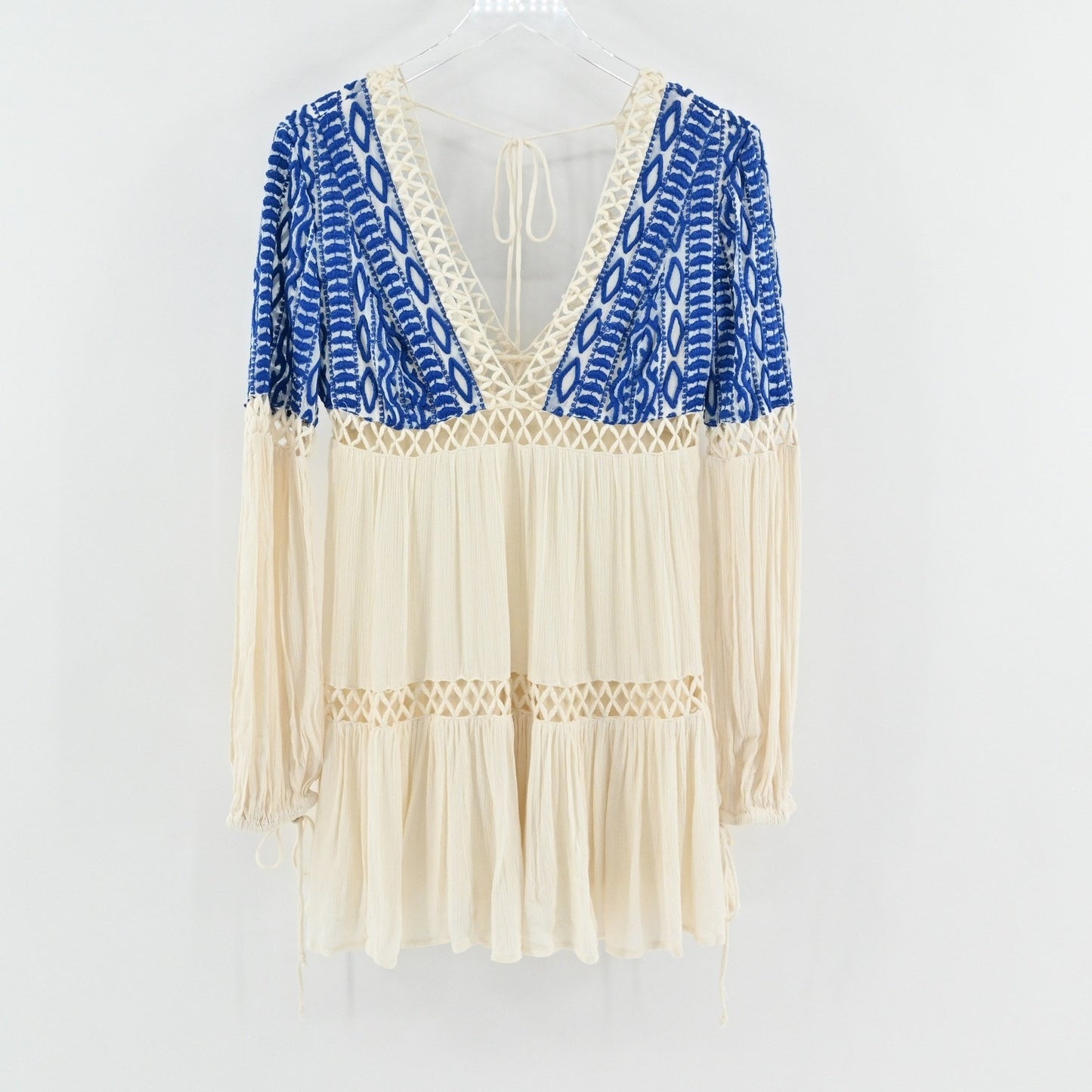 Free People Dusk Till Dawn Dress Sz 2 Blue Embroidered Bohemian Festival Tiered