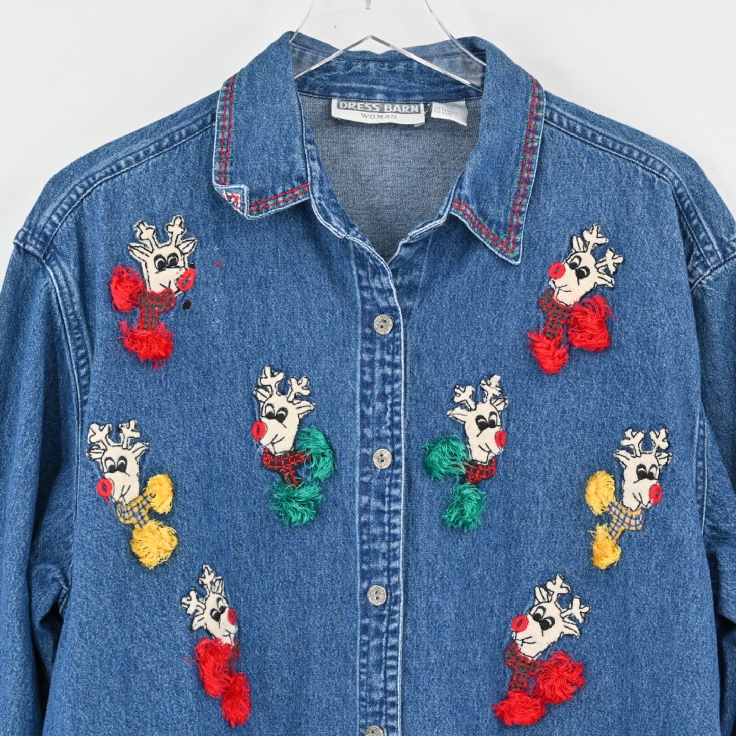 Vtg Christmas Denim Top Womens Size 1X Rudolph Holiday Chambray 90s Dress Barn