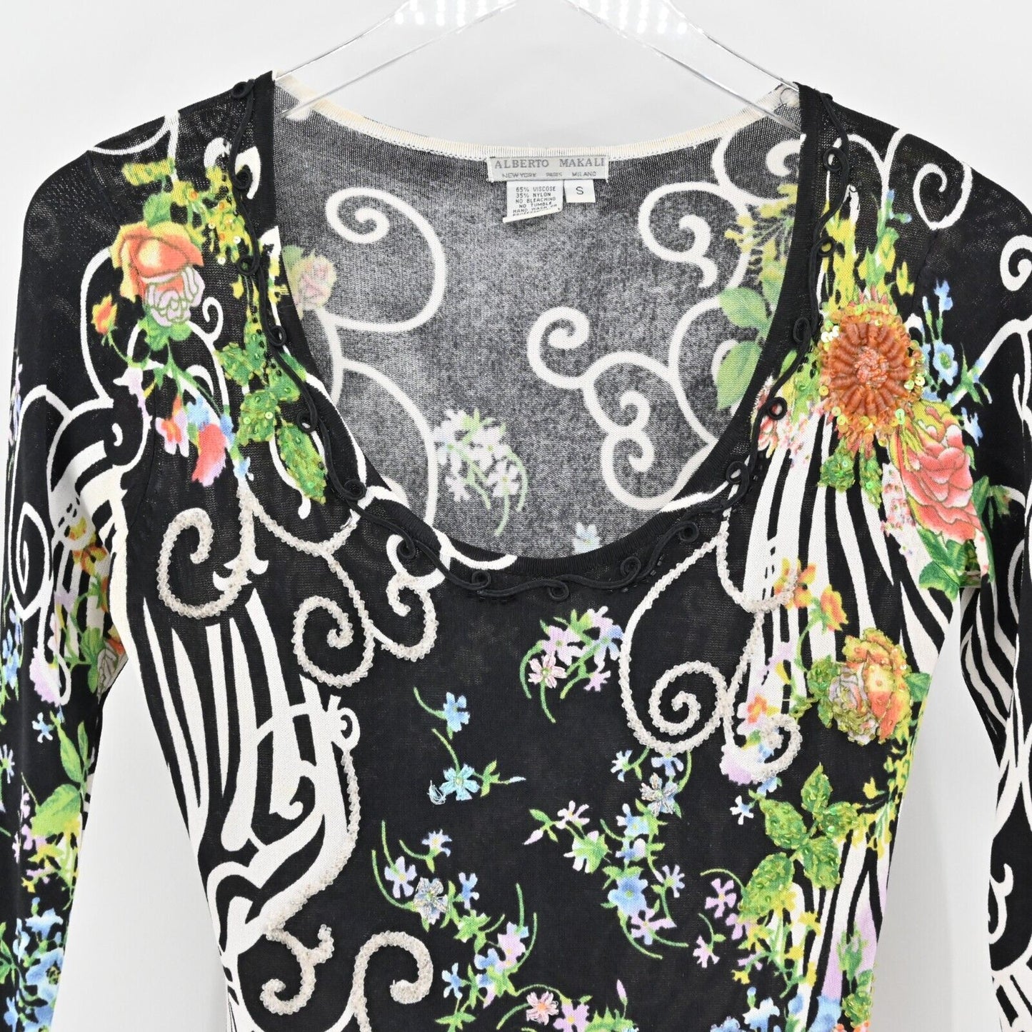 ALBERTO MAKALI Top Womens Size S Multicolor Floral Print Sequin Beaded Blouse