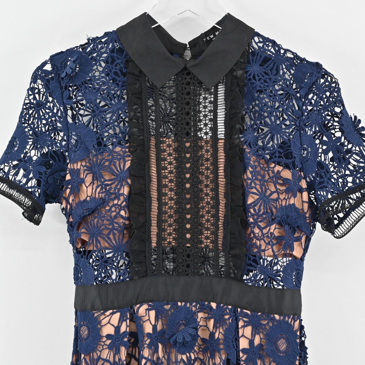 FEW MODA Navy Floral Midi Dress Size M Yoke Collar Lace Overlay Preppy Chic NEW