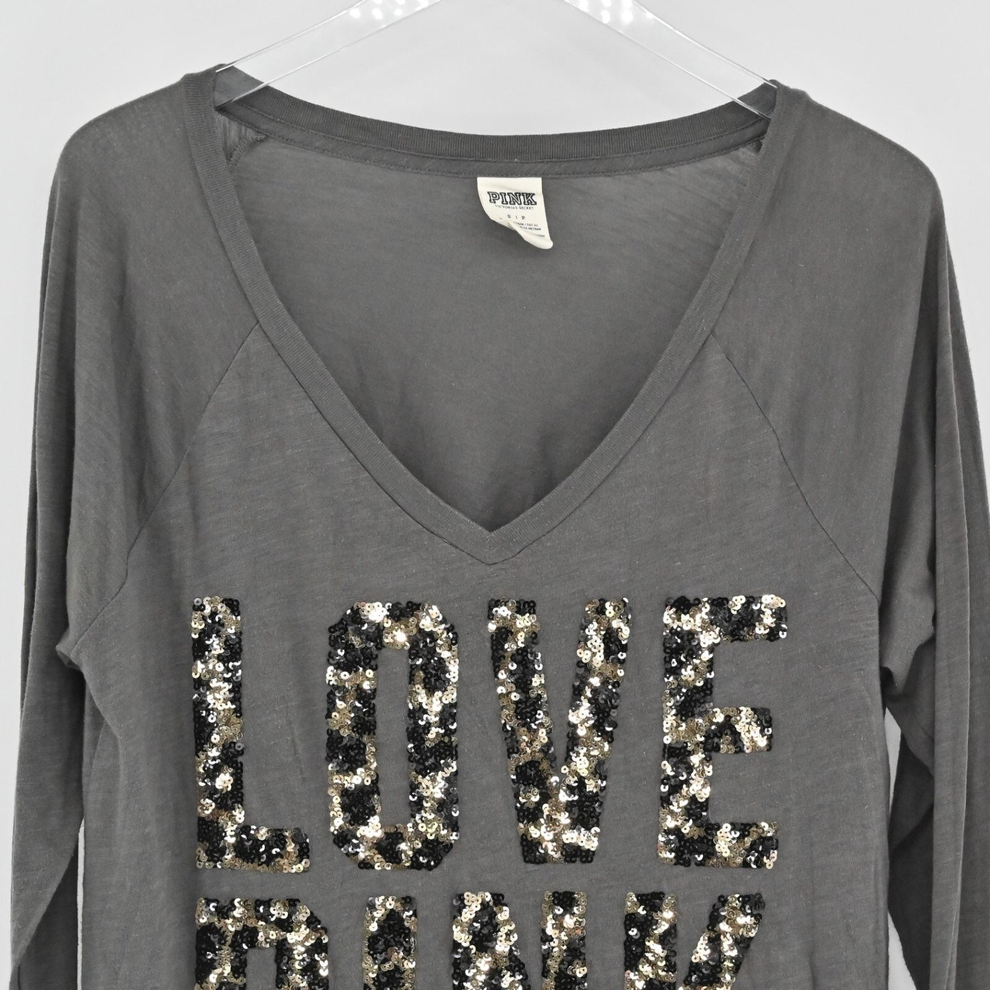 Vtg VS PINK Sequin Top Womens Sz S Y2k Love Gray Animal Print Long Sleeve V Neck