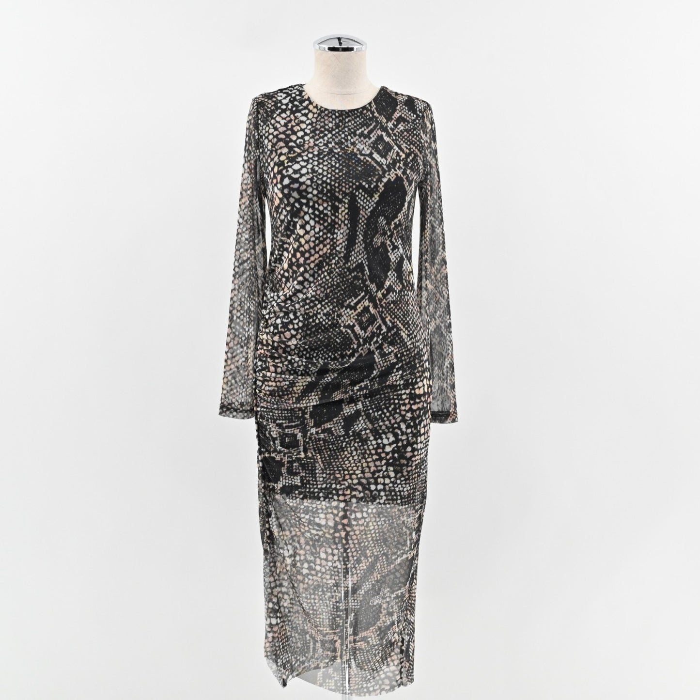 ALLSAINTS Nora Waima Dress Size 6 Slim Fit Ruched Midi Black Snake Motif Print