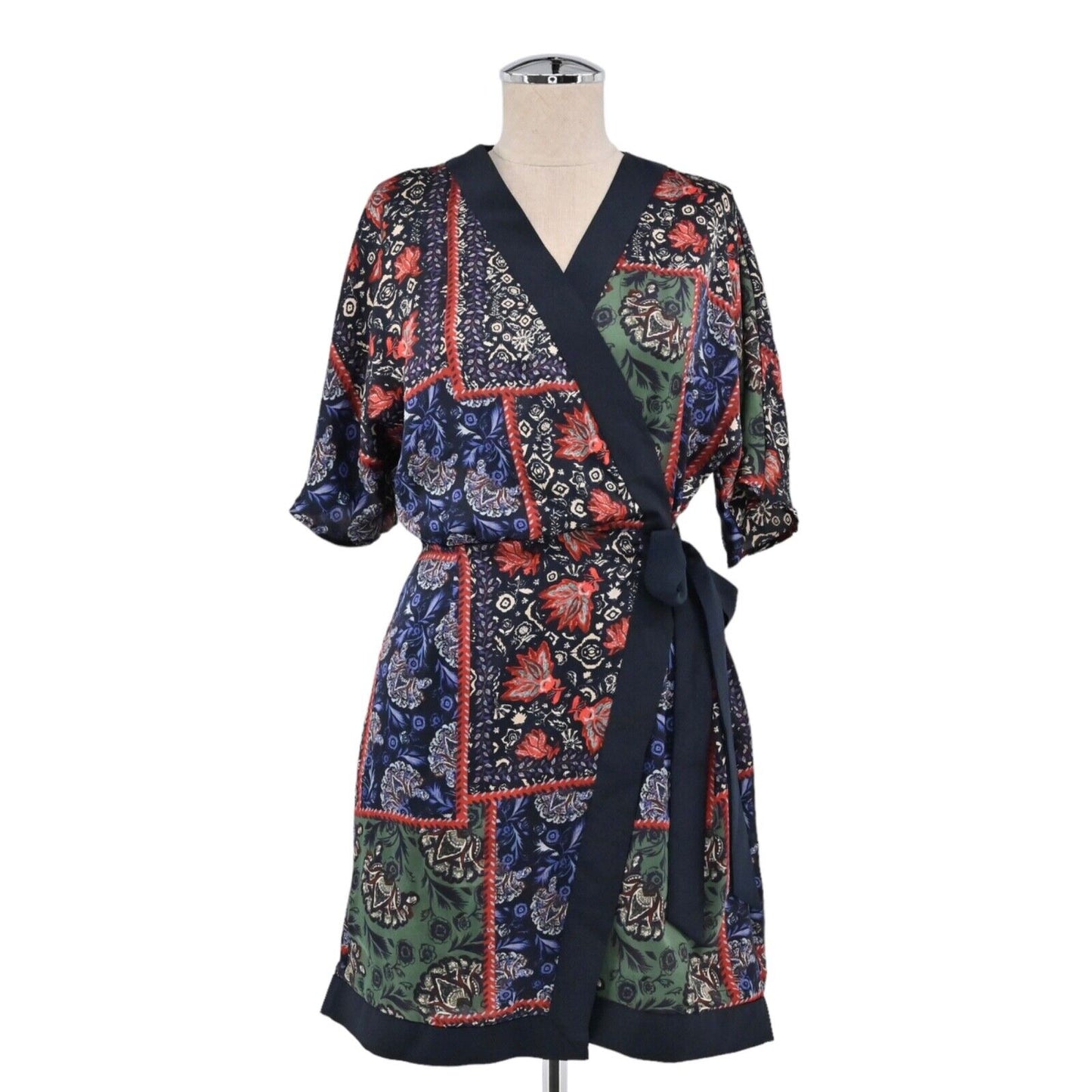 ZARA Dress Womens Sz Small Floral Wrap Mini Patchwork Boho Kimono Dolman Sleeve