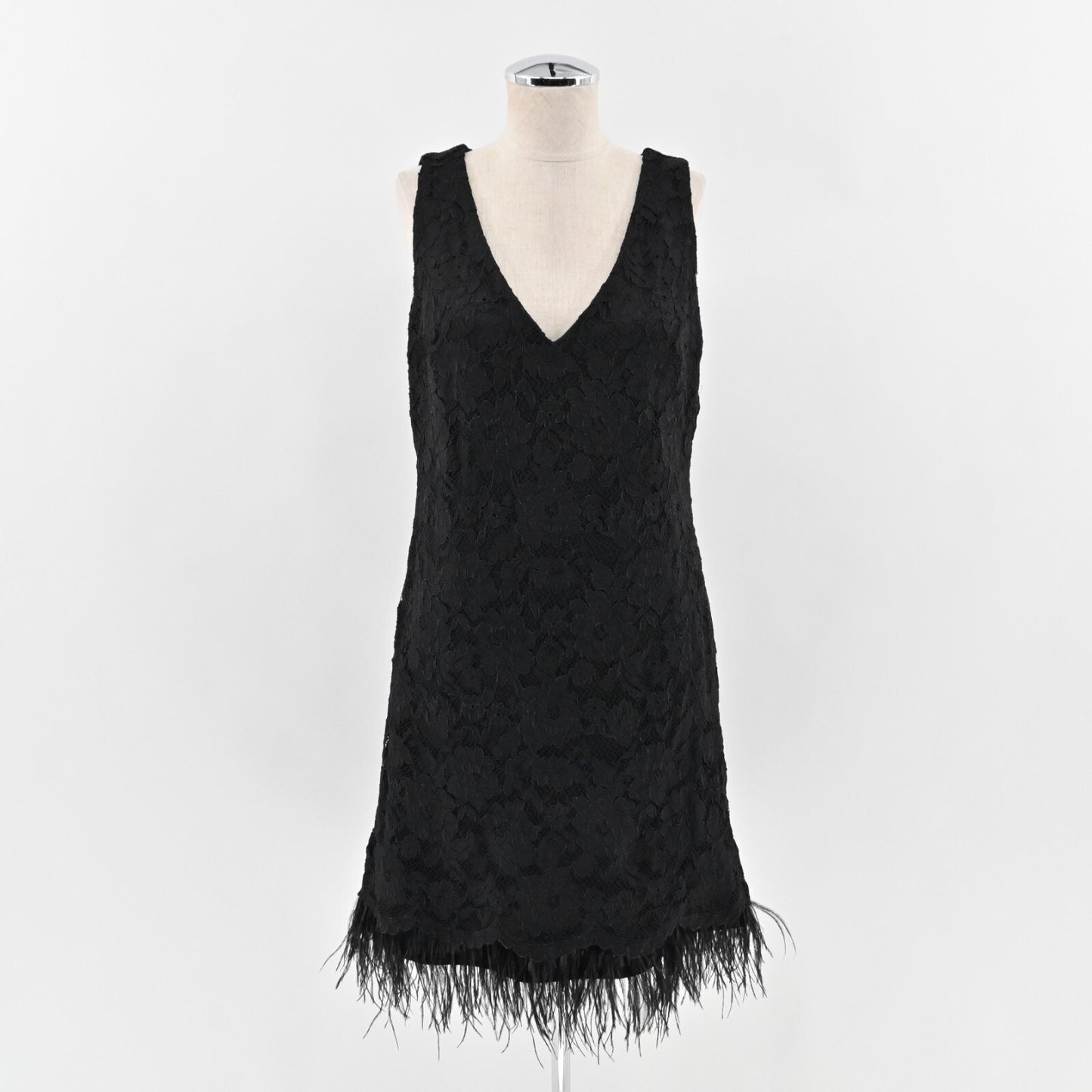 NICOLE MILLER Dress Sz 10 Black Feather Trim VNeck Sleeveless Lace Mini Flapper