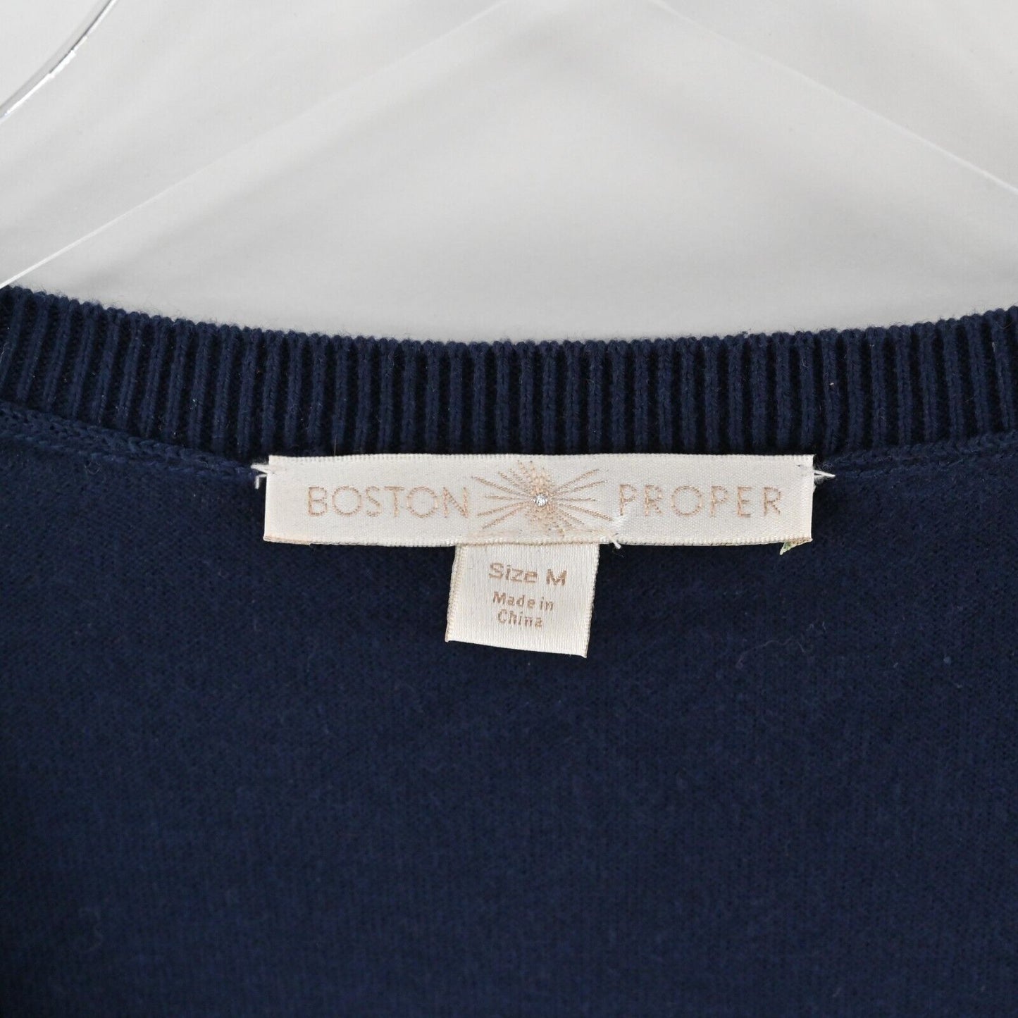 BOSTON PROPER Sweater Womens Size M Navy VNeck Ruched Studded Long Sleeve Knit