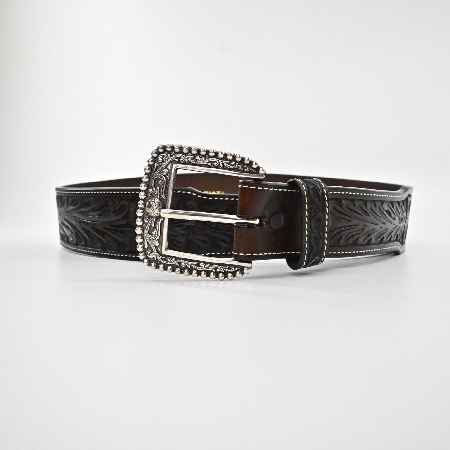 ARIAT Womens Tooled Leather Belt Size 38 Dark Brown Floral Silver Buckle Western