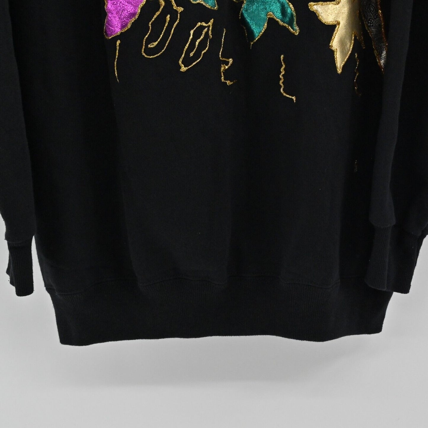 Vtg HANES Sweatshirt Womens Size L Black Glitter Puff Paint Autumn Birds USA 90s
