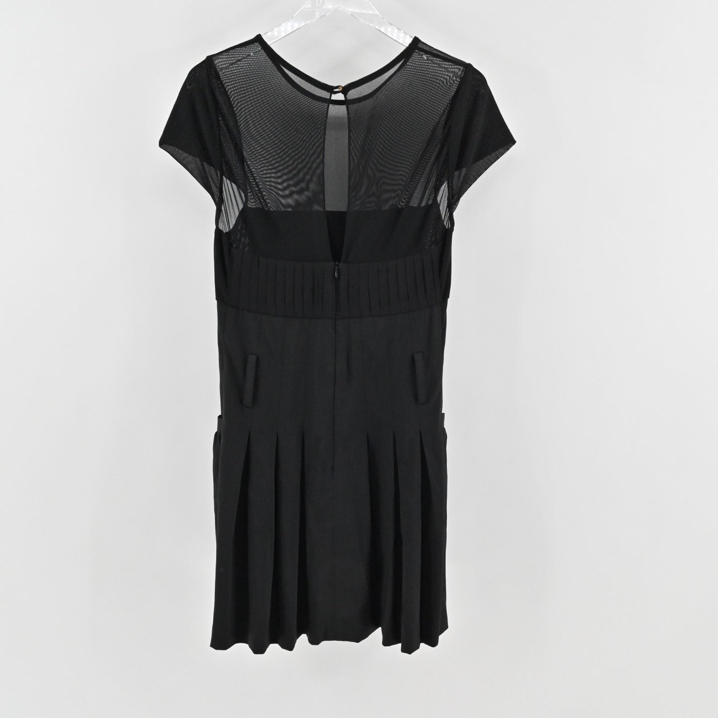Alice Olivia Black Pleated Dress Size 10 Wool Blend Sheer Short Sleeve Mini