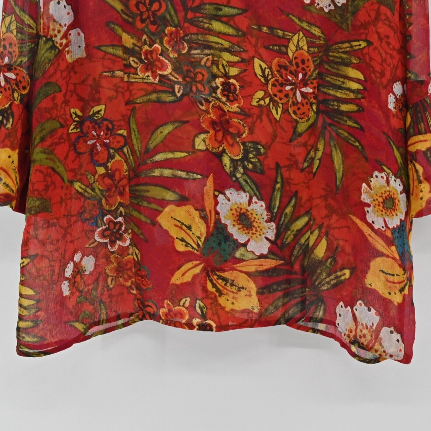 Vtg CHICOS Top Womens Size XL Red Tropical Floral Button Up Silk Bell Sleeve 00s