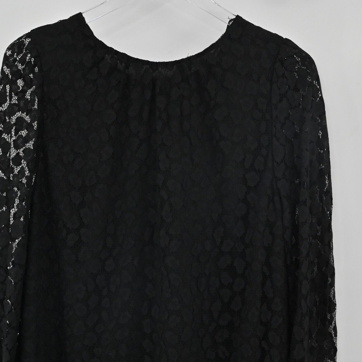 WHISTLES Dress Womens Sz 12 Black Animal Lace Tie Detail Sheer Puff Sleeve Shift