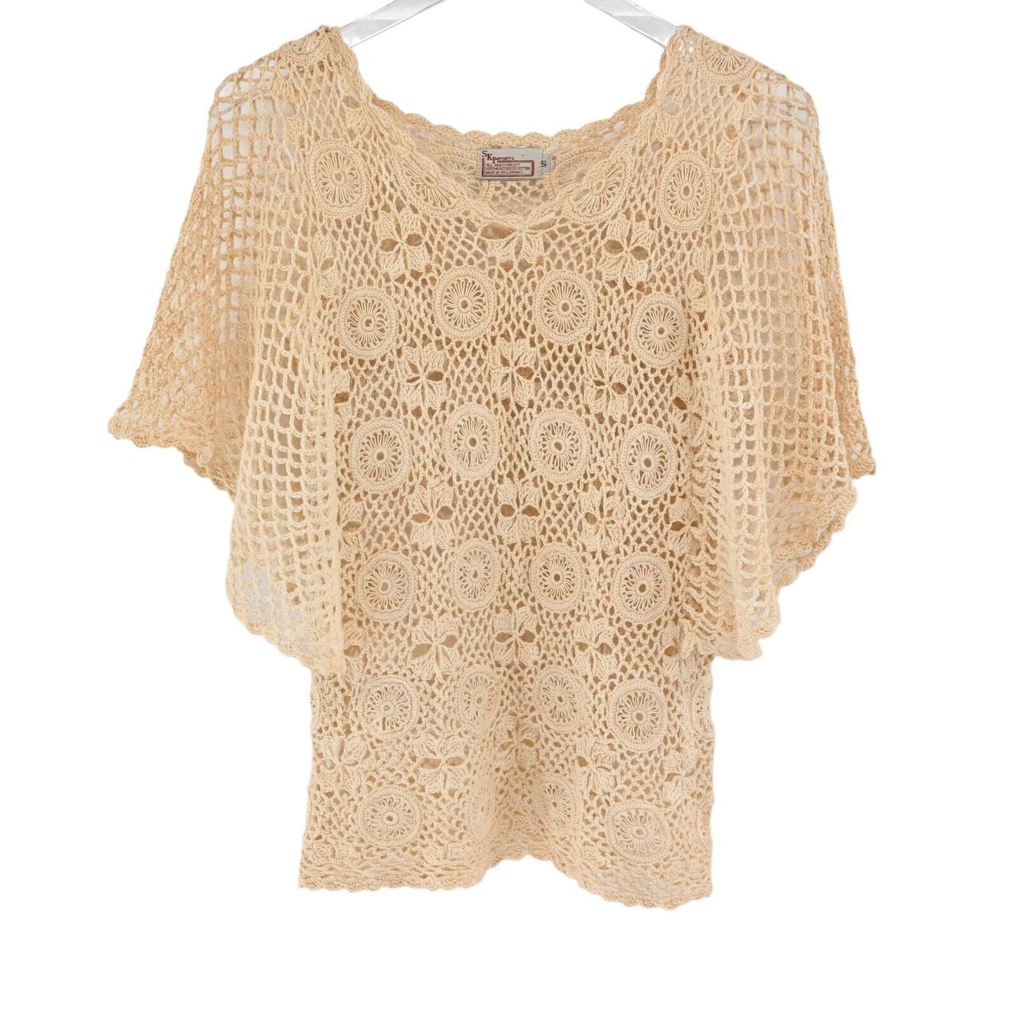 Vtg SK IMPORTS Crochet Top Womens Sz S Handmade Knit Boho Flutter Festival Fairy