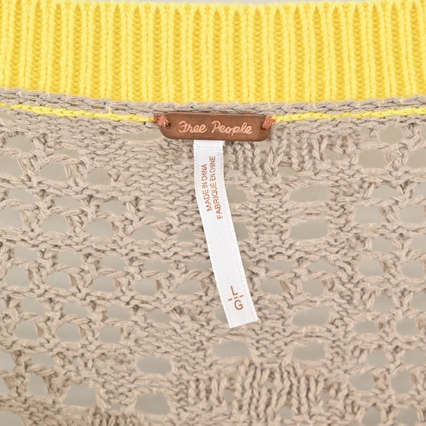 Free People Sweater Womens Large Tan Yellow Open Knit Pullover Boho Lightweight