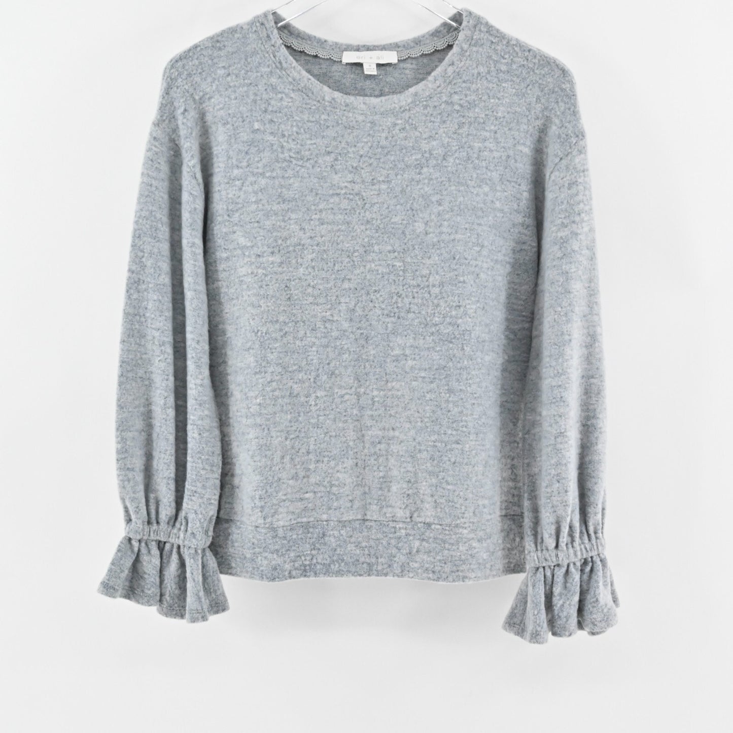 NWOT Anthropologie Sweater Eri Ali Sasha Hacci Top Gray SOFT Ruffle Cozy Size S