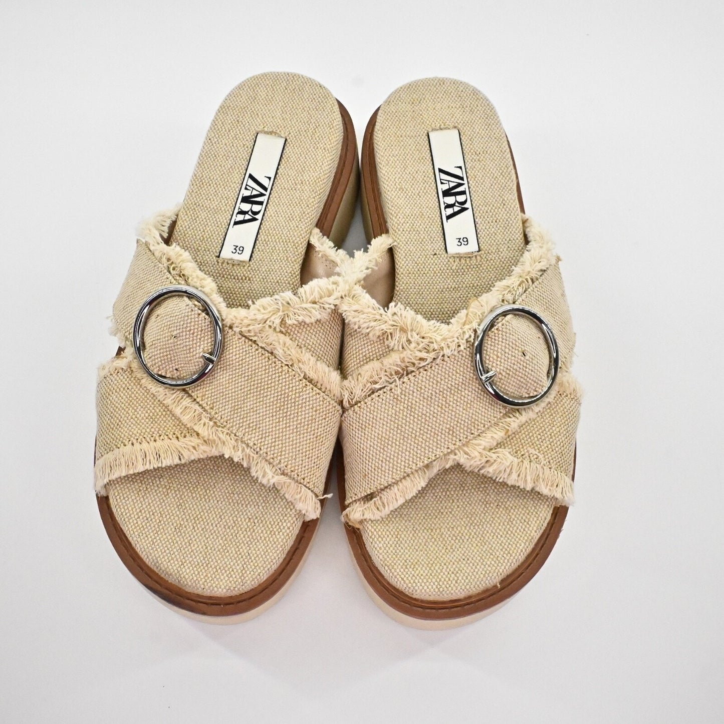 ZARA Womens Platform Sandals Size 39 Beige Woven Fringe Criss Cross Coconut Girl