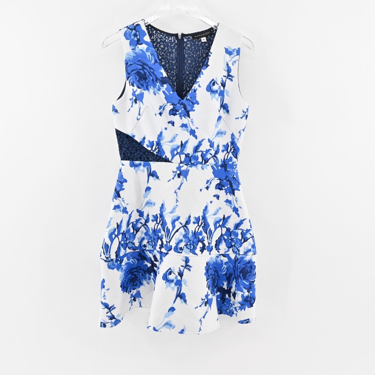 SLATE WILLOW Dress Size 8 Blue Floral Brushstroke Print Sleeveless Lace Back