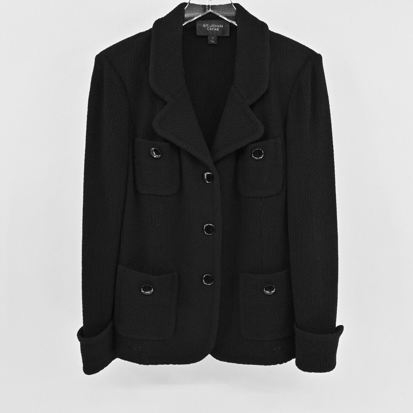 ST JOHN Caviar Parisian Santana Knit Blazer Jacket 3-Button In Black Womens Sz 8