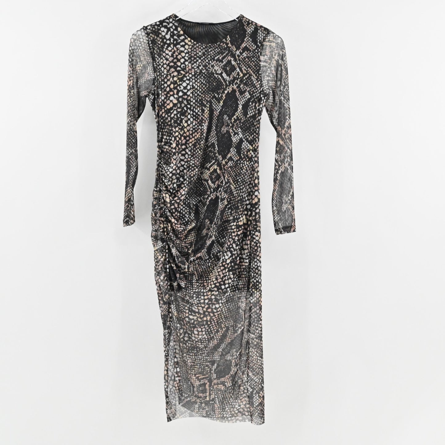 ALLSAINTS Nora Waima Dress Size 6 Slim Fit Ruched Midi Black Snake Motif Print