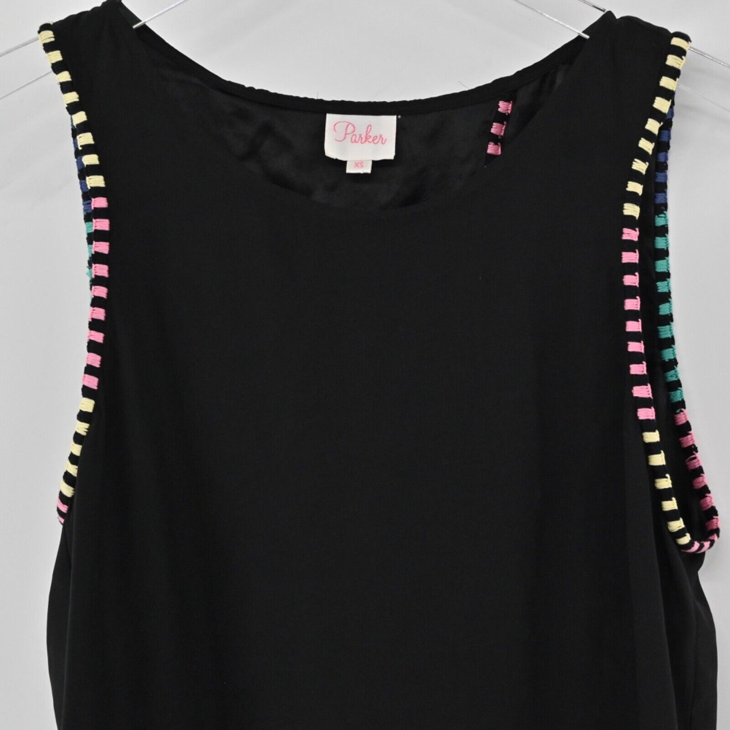 PARKER Top Womens Size XS Black Rainbow Embroidered Stripe Silk Split Back Tank