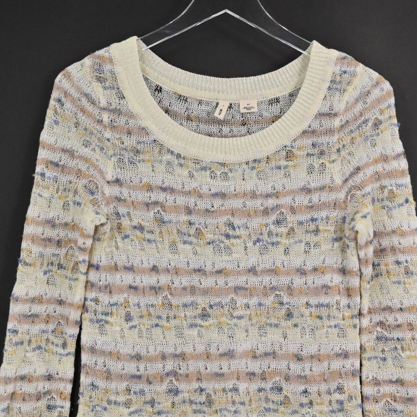 ANTHROPOLOGIE Sweater Womens Size S Cream Stripe Linen Open Knit Scoop Neck MOTH