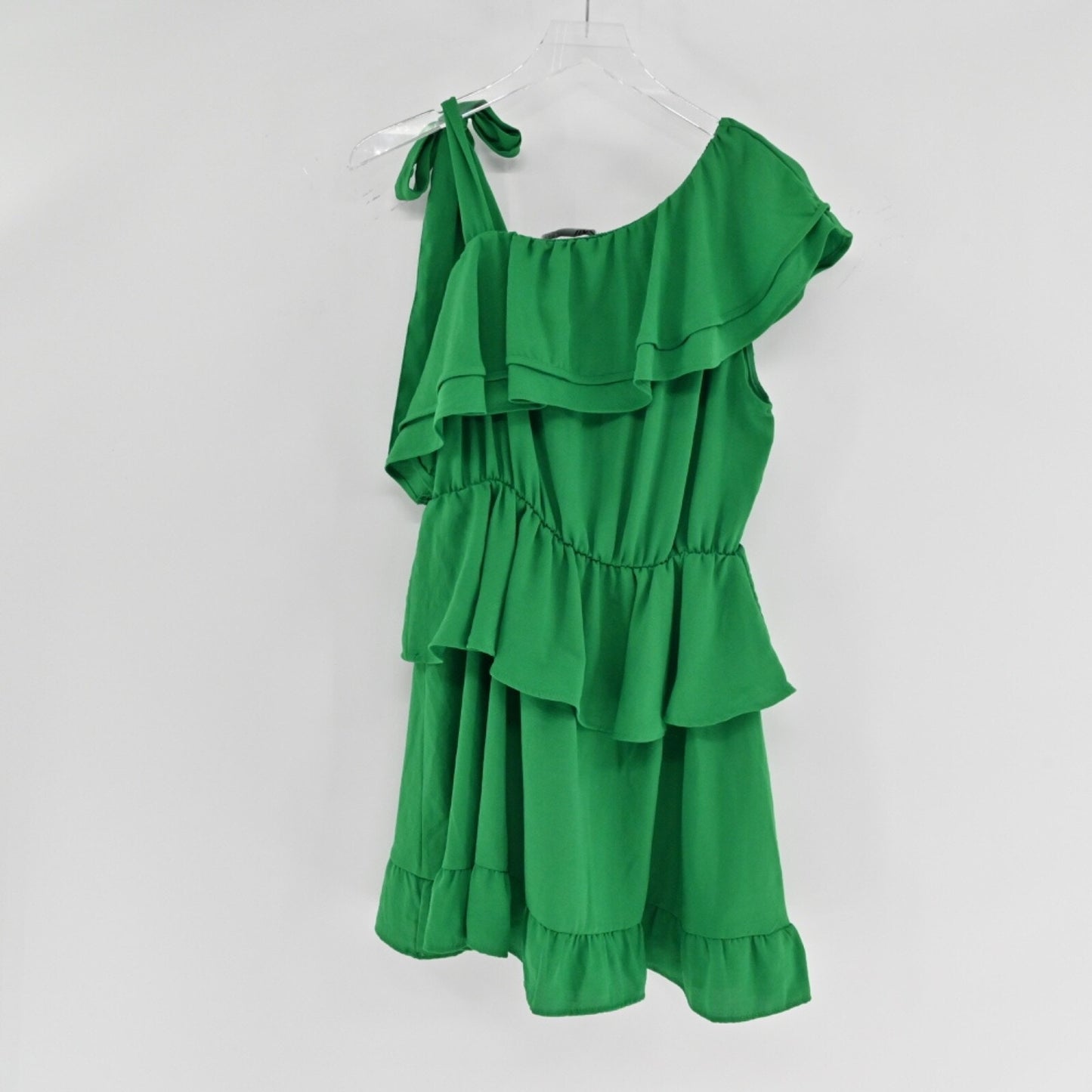 ZARA Womens Green One Shoulder Dress Size L Mini Tiered Ruffle Boho Preppy Beach