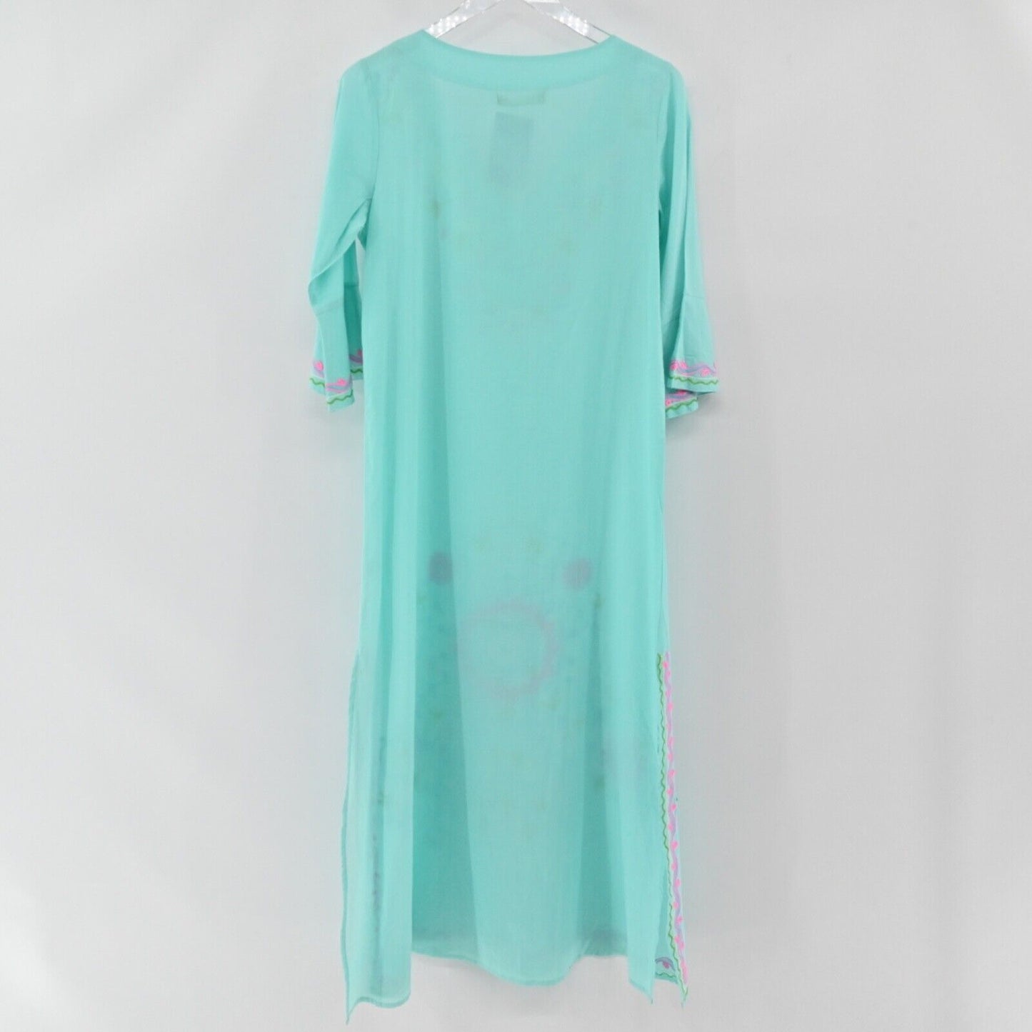 UNE BELLE TROUVAILLE Dress Womens Sz M Blue Embroidered Floral Cotton Tunic Maxi