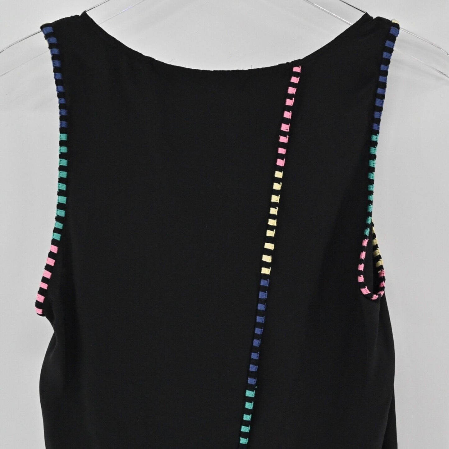 PARKER Top Womens Size XS Black Rainbow Embroidered Stripe Silk Split Back Tank