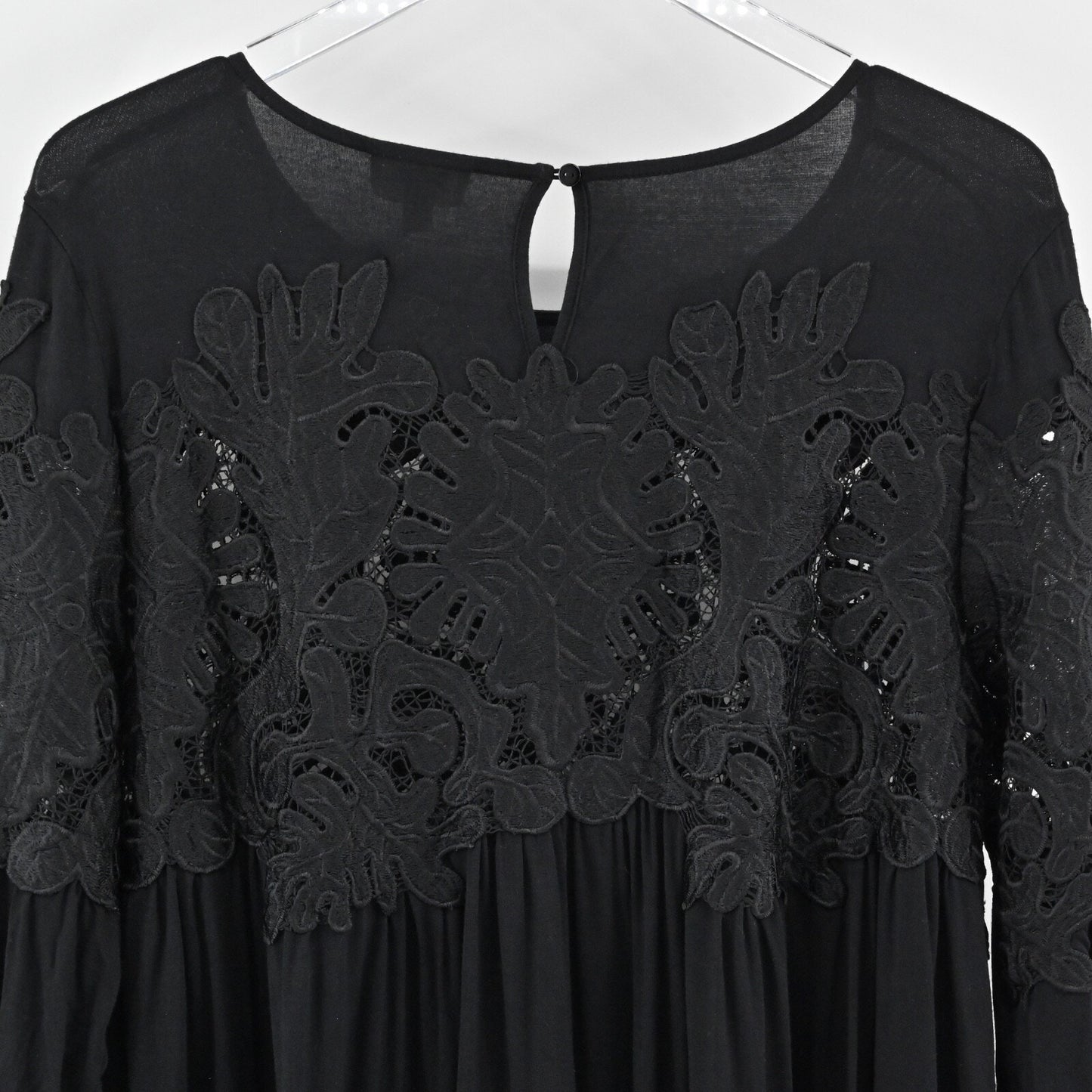 ANTHROPOLOGIE Top Womens Size M Black Crochet Lace Desi Babydoll Boho DELETTA