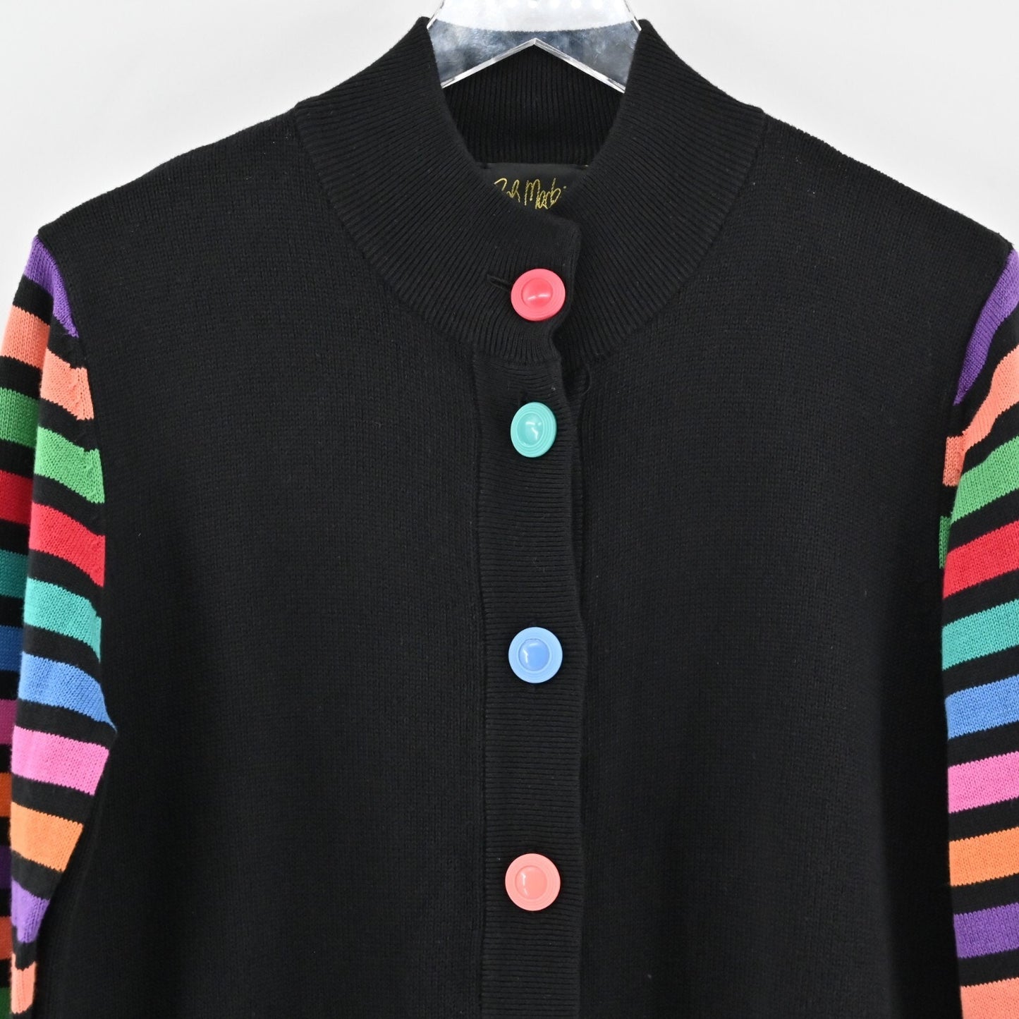 BOB MACKIE Cardigan Sweater Womens Size L Wearable Art Multicolor Stripe Knit