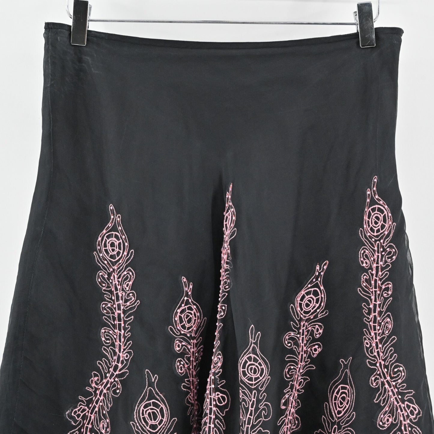 Vtg CAROLE LITTLE Skirt Size 8 Black Silk Pink Embroidered Tulle Witchy ALine