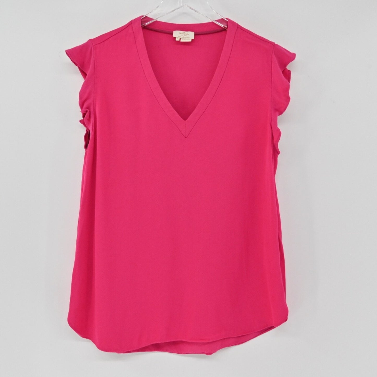 KATE SPADE Top Womens Sz L Pink V Neck Ruffle Flutter Cap Sleeve Preppy New York