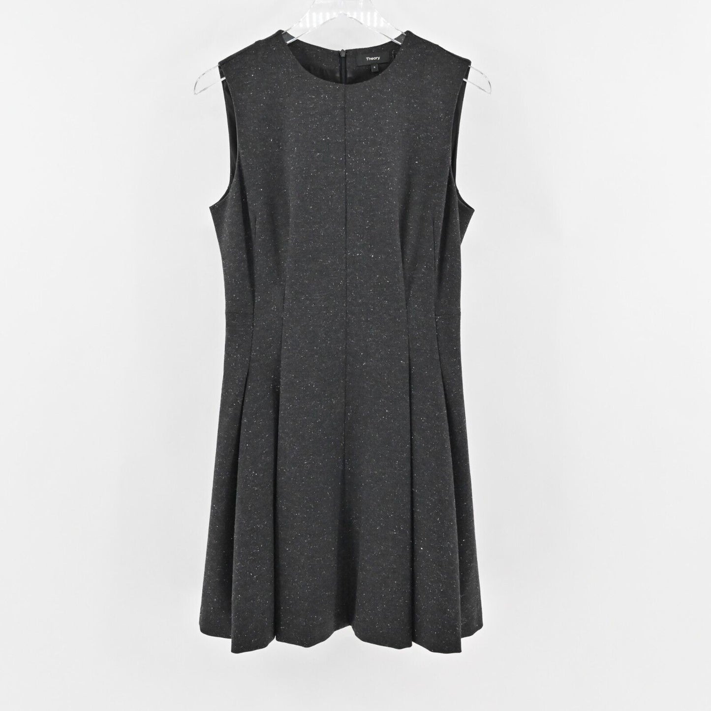 THEORY Dress Size 8 Seamed Sleeveless Melange Ponte Wool Blend Gray Pleated Mini