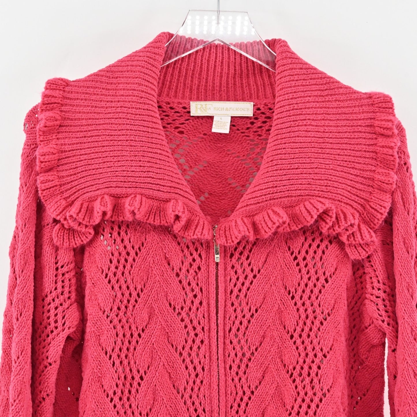 RICH FAMOUS Jacket Womens Size L Hot Pink Knit Sweater Full Zip Ruffle Collar