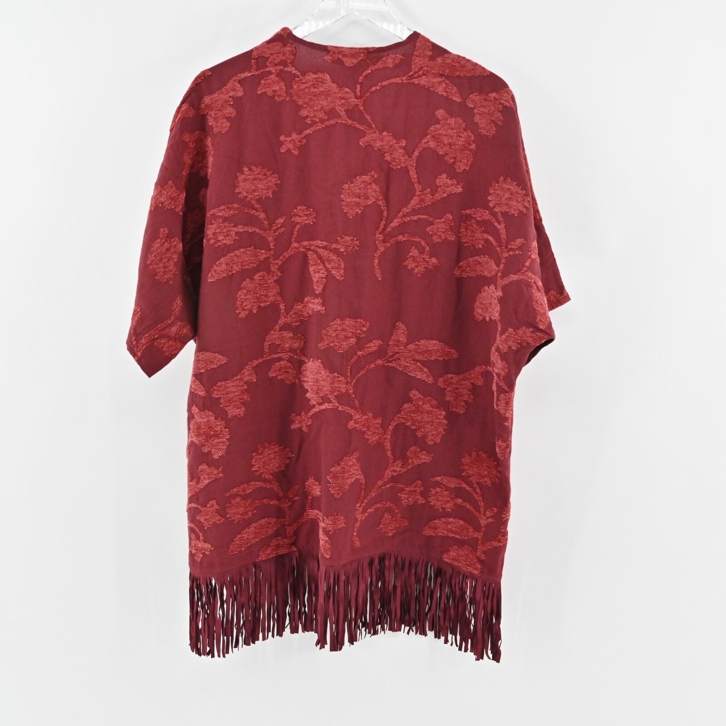 CHICOS Ruana Wrap Womens Size S/M Chenille Floral Jacquard Red Fringe Trim NEW