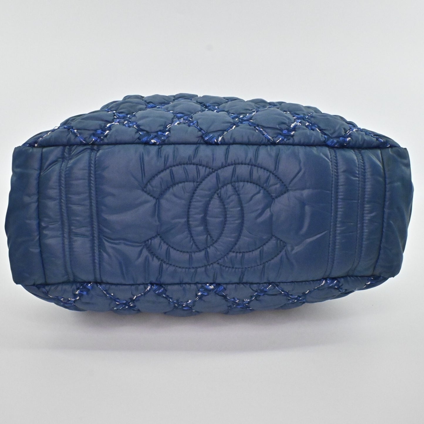 CHANEL Shoulder Bag Byzance Tweed On Stitch Blue Nylon Quilted Chain Strap