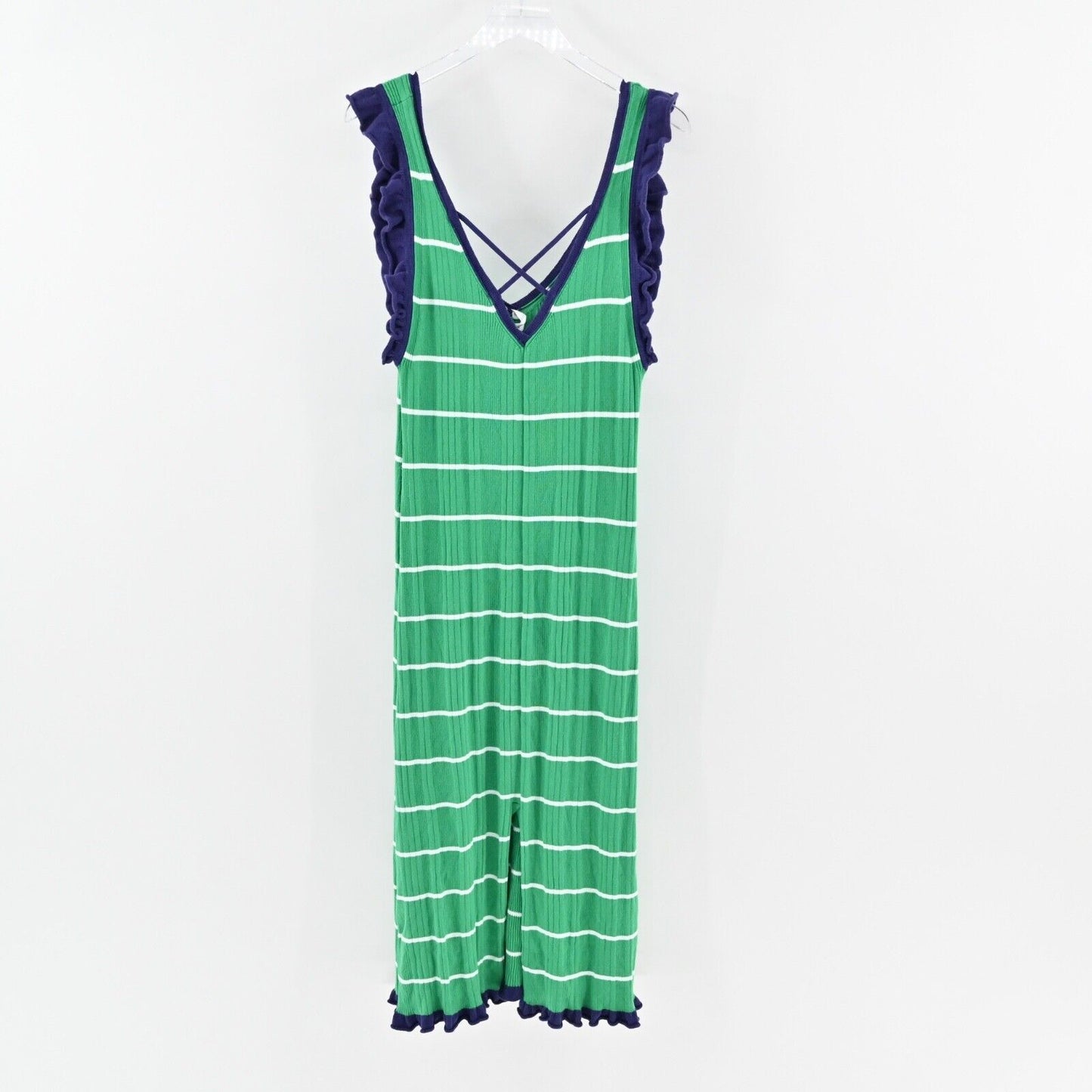 ANTHROPOLOGIE Dress Size XL Green Stripe Cotton Knit Ruffle Midi DAILY PRACTICE
