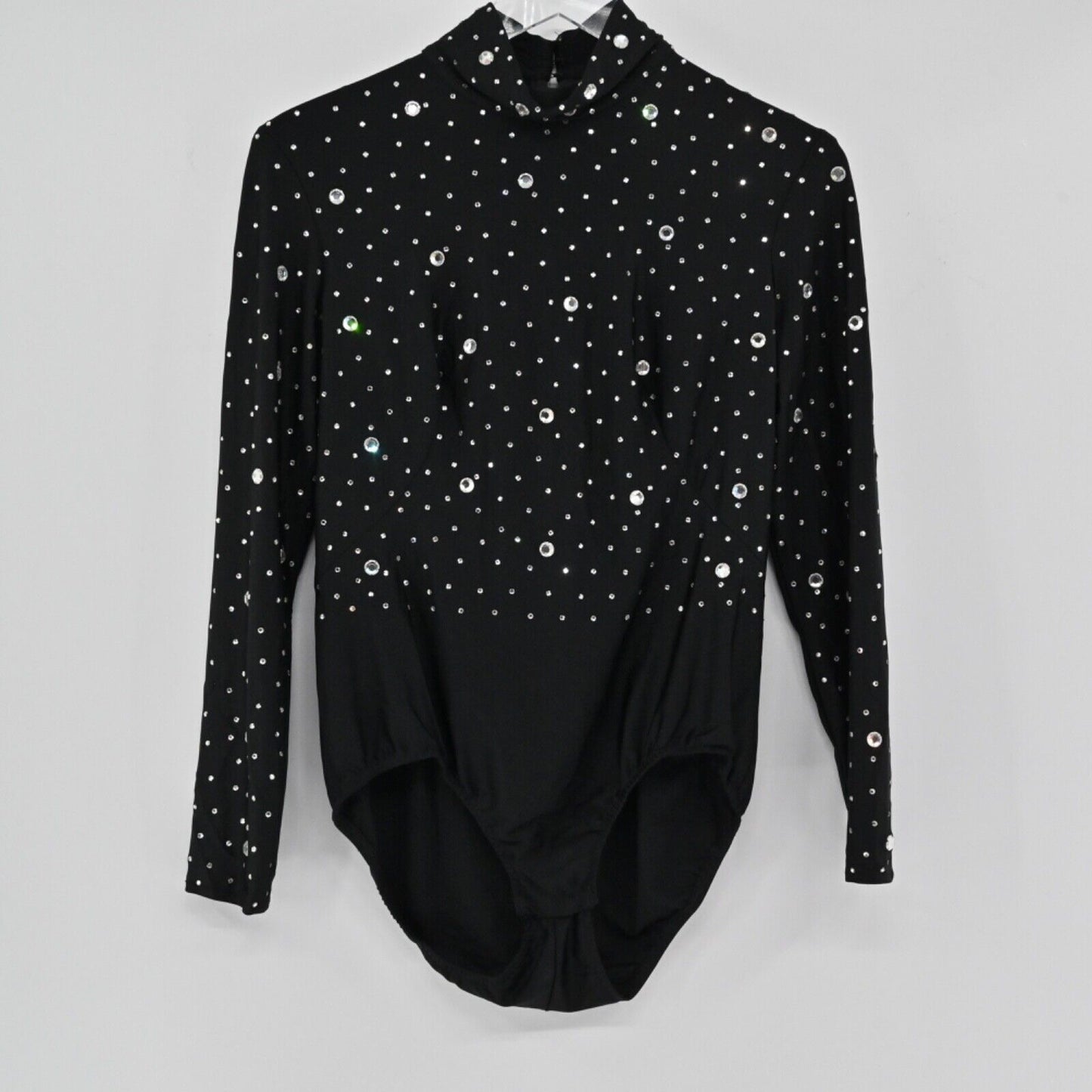 VINTAGE Bodysuit Womens Size 8 Black Rhinestone Mock Neck Long Sleeve Dance Glam