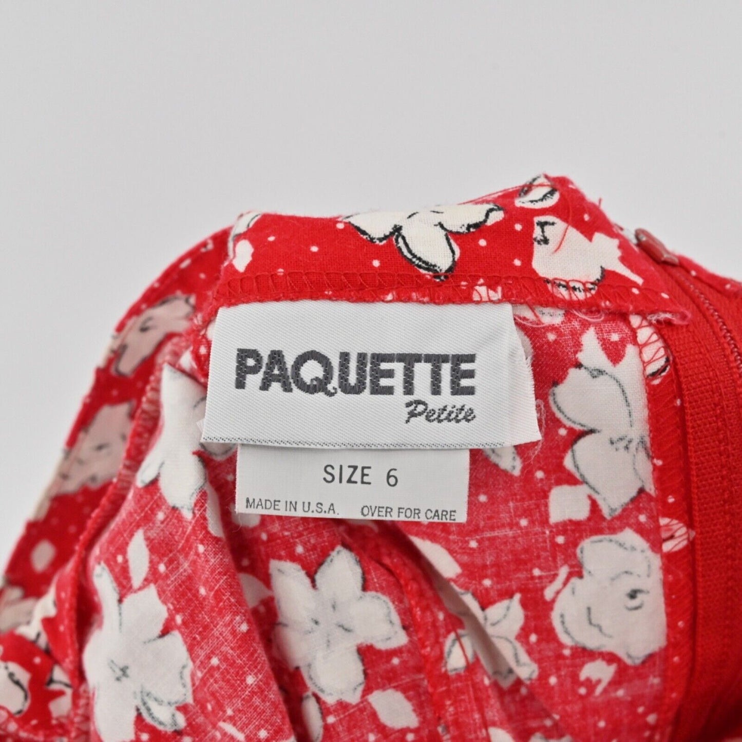 Vtg PAQUETTE Dress Women Sz 6 Red Floral Cotton Square Neck Basque Waist USA 90s