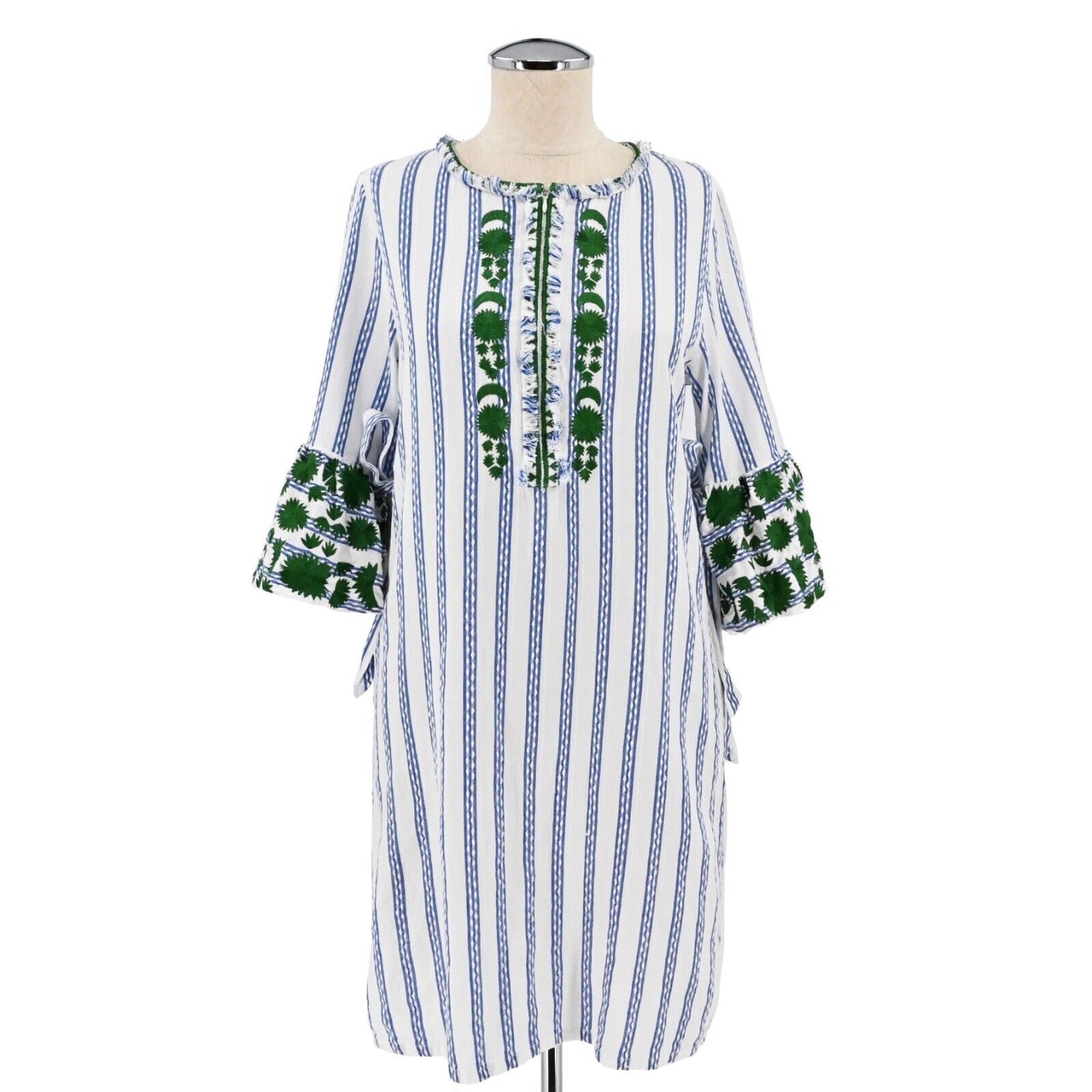 RUNGOLEE Dress Womens Sz XS Blue Green Striped Mini Embroidered Boho Cottagecore