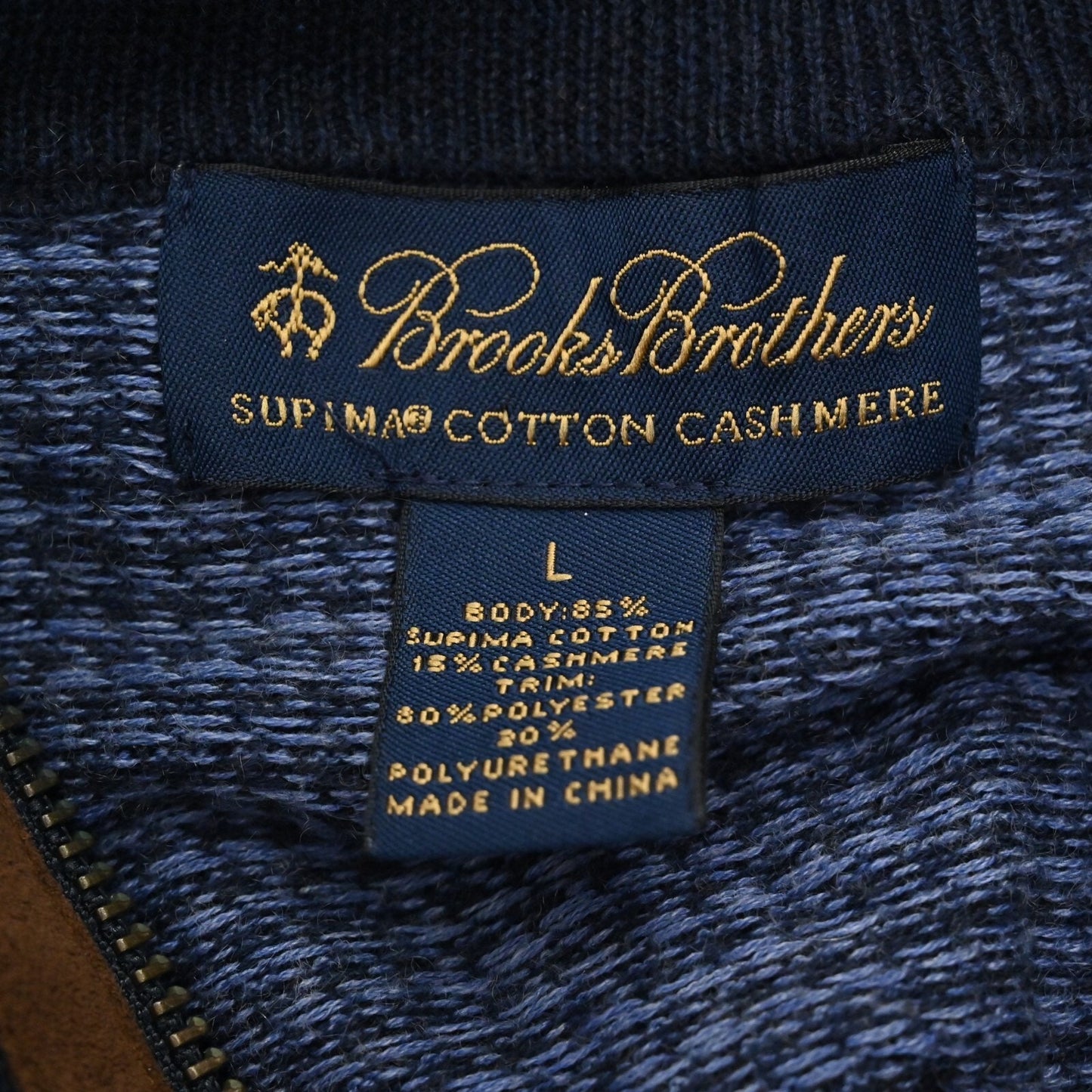 BROOKS BROTHERS Mens Cashmere Sweater Sz L Blue Houndstooth Cotton 1/4 Zip Mock
