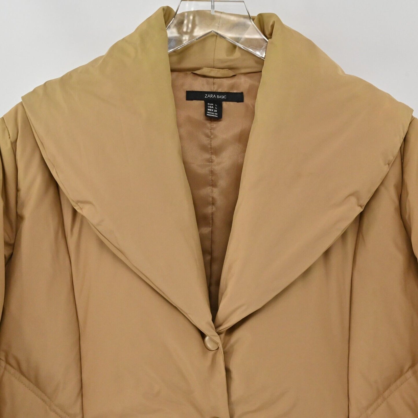 ZARA Jacket Womens Size L Basic Puffer Long Sleeve Brown Button Coat Wide Collar