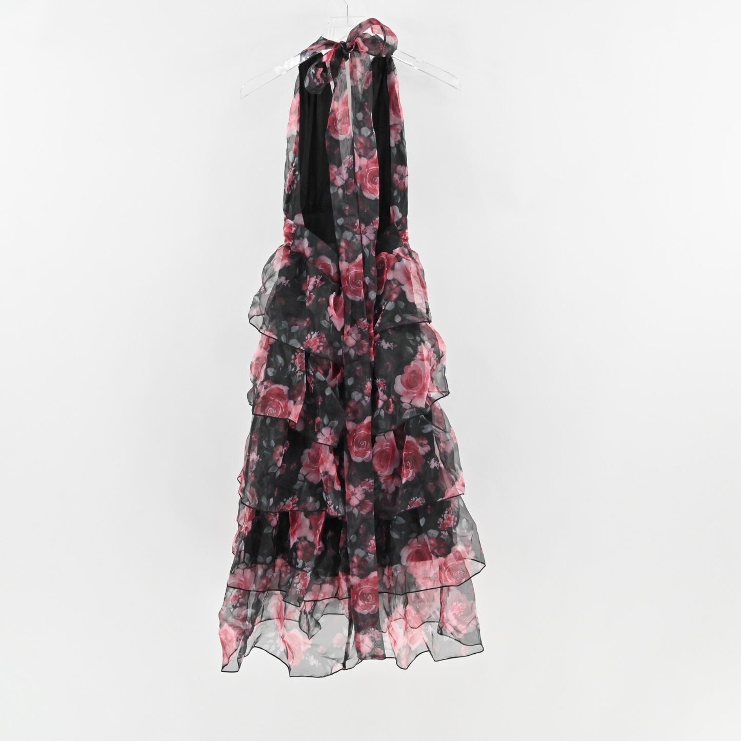 RIHOAS Dress Size S VNeck Floral Print Tiered Layered Halter Midi Black Pink NEW