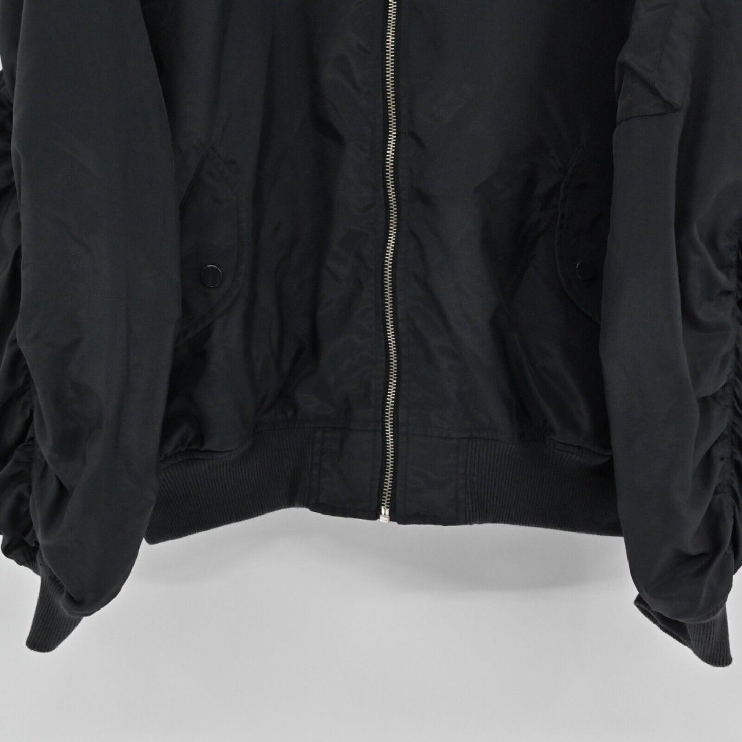 PINK Victorias Secret Jacket Womens Sz S Black Ruched Sleeve Varsity Logo Bomber