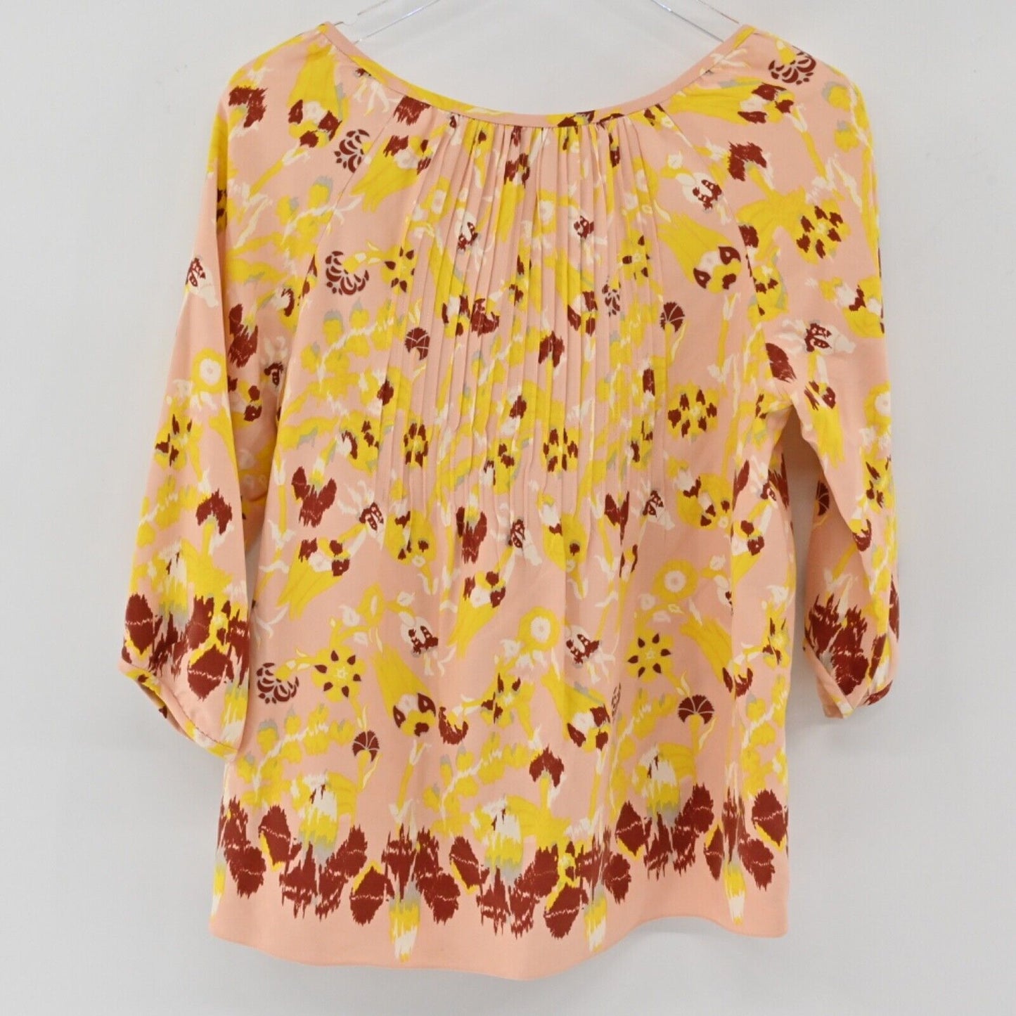 TIBI Top Womens Sz 4 Blush Pink Boho Floral 100% Silk Pleated 3/4 Sleeve Blouse