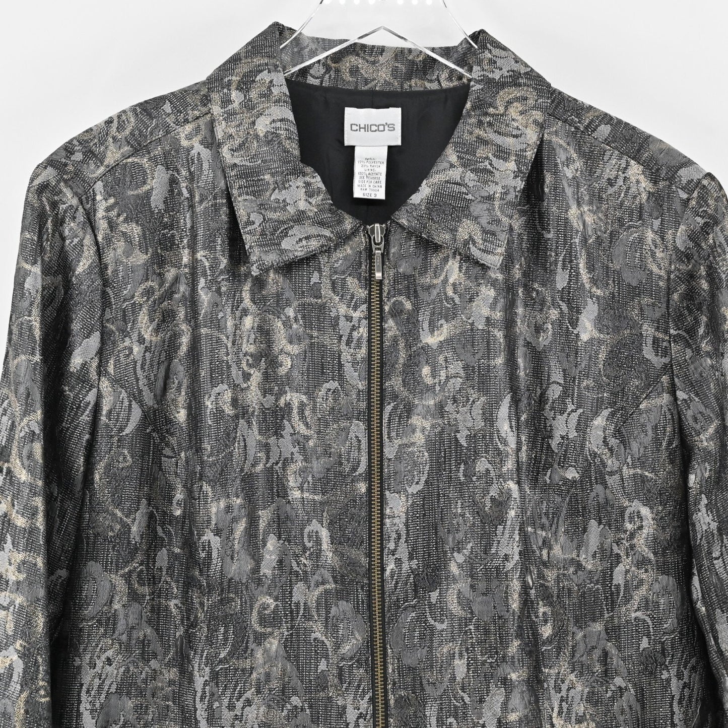 CHICOS Jacket Womens Size XL Barrett Shimmering Scroll Dark Gray Gold Zip Front